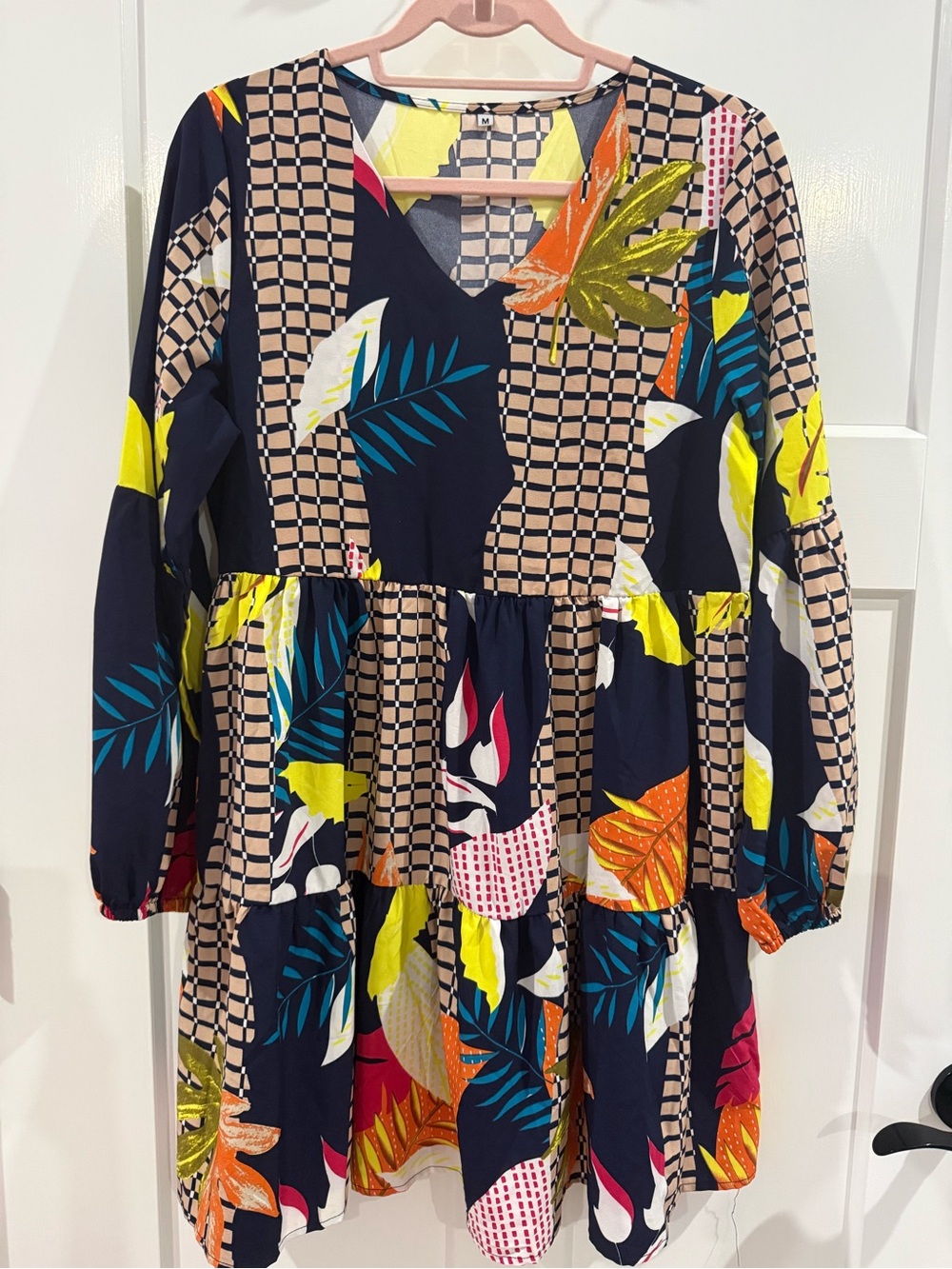 Women's Casual Tiered Floral-Grid Dress in Navy and Multicolor
